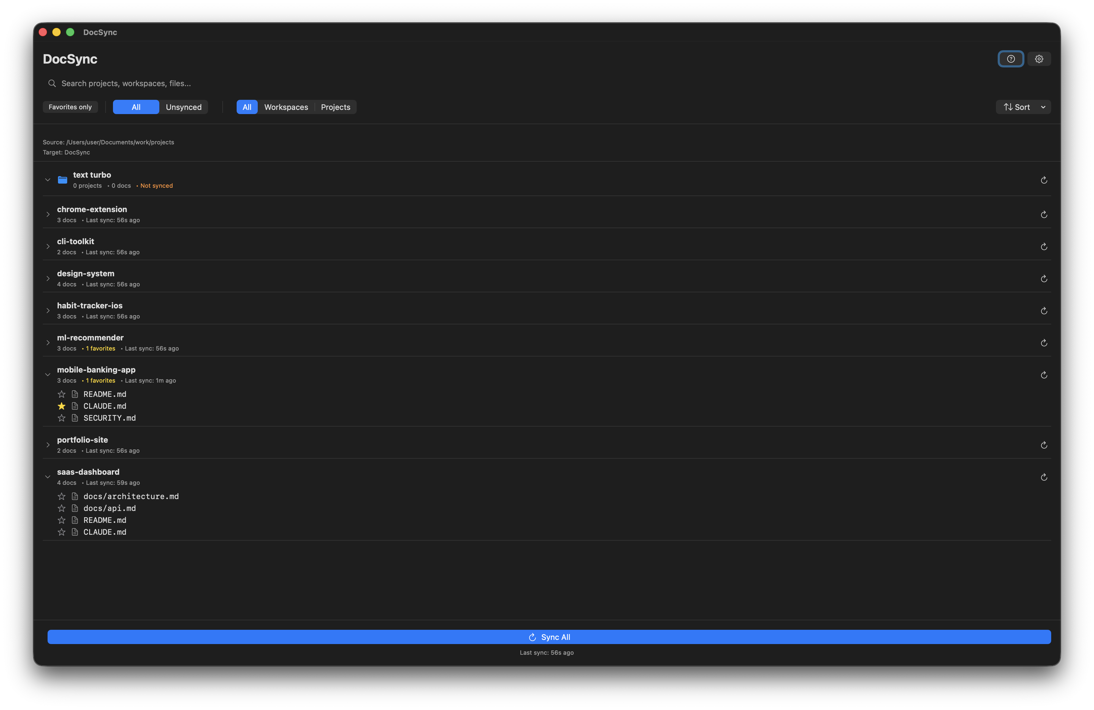 Screenshot: main window — all projects and context files in one list